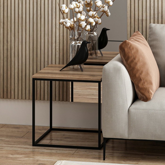 Hanah Home Mesa de Centro Nogal, Fabricada en Tablero de Partículas Recubierto de Melamina con Estructura Metálica, 52x50x50 cm